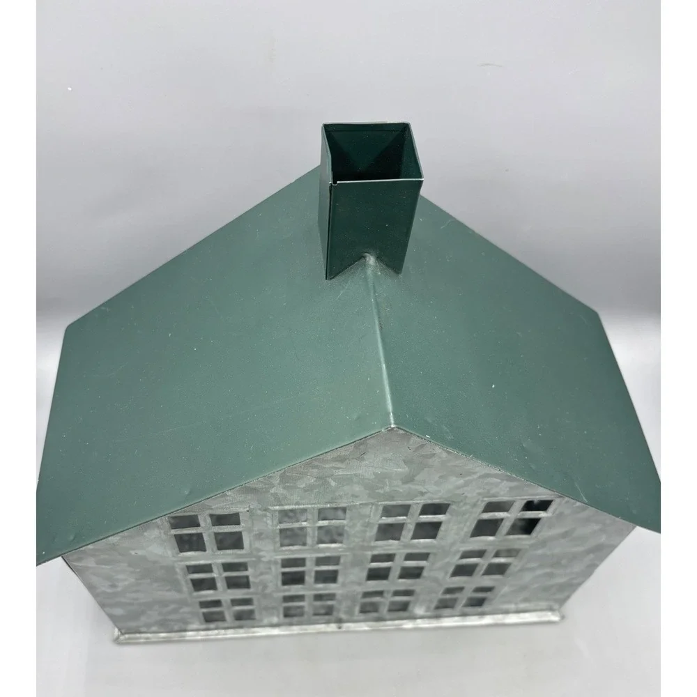 Galvanized Metal House Lantern‎ Green Roof Chimney Decorative Accent